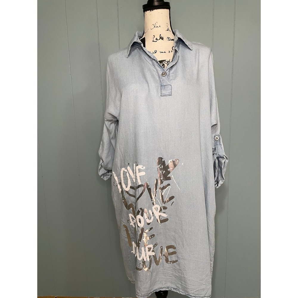 Made in Italy Denim Shirt Dress Distressed Graffiti Print Roll Tab Sleeves